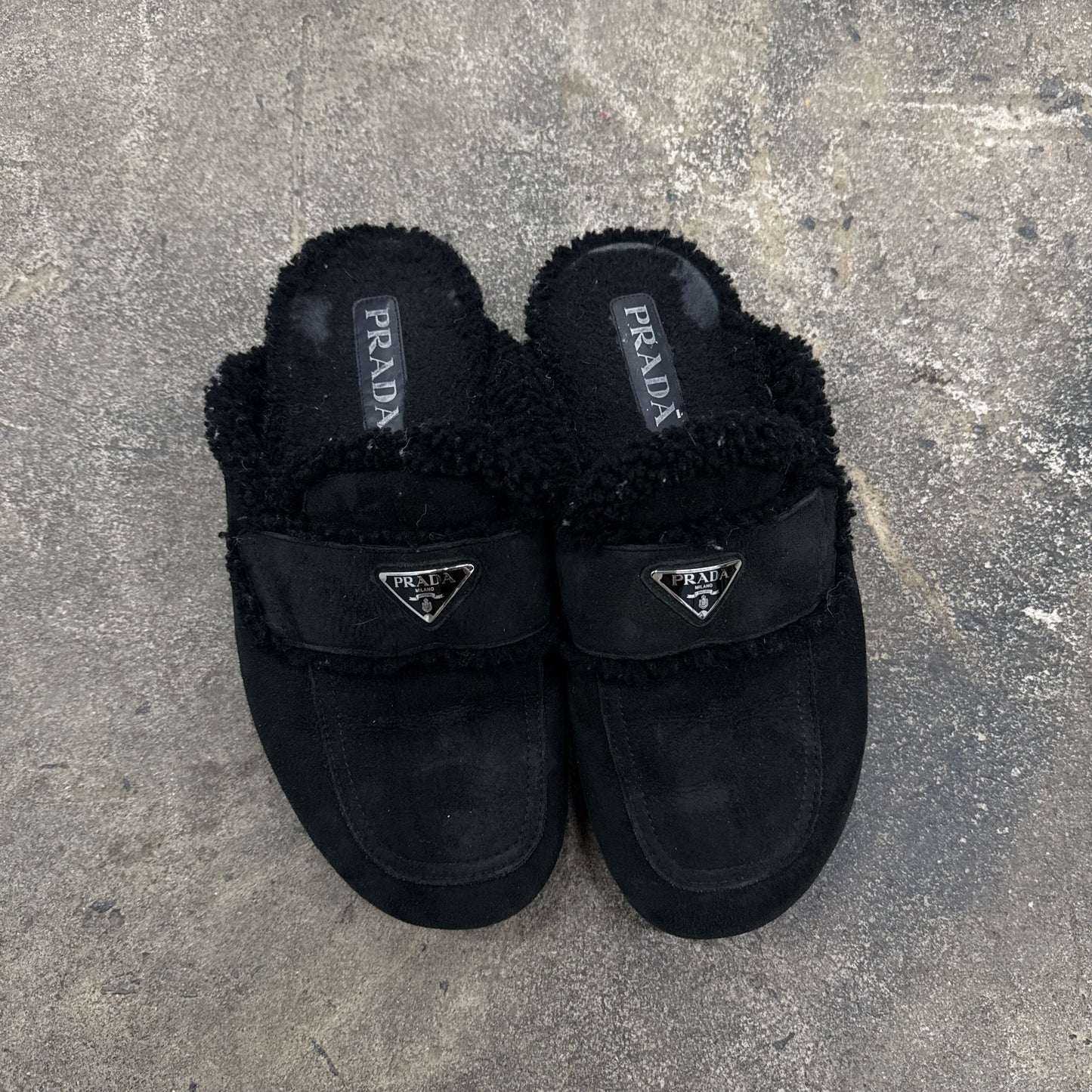 Prada Shearling Logo Slippers