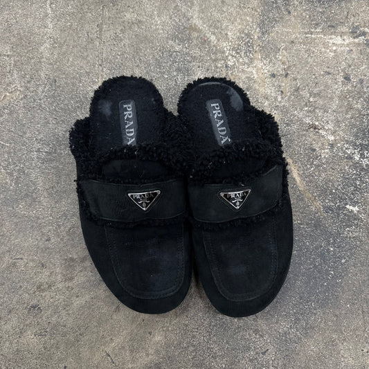 Prada Shearling Logo Slippers
