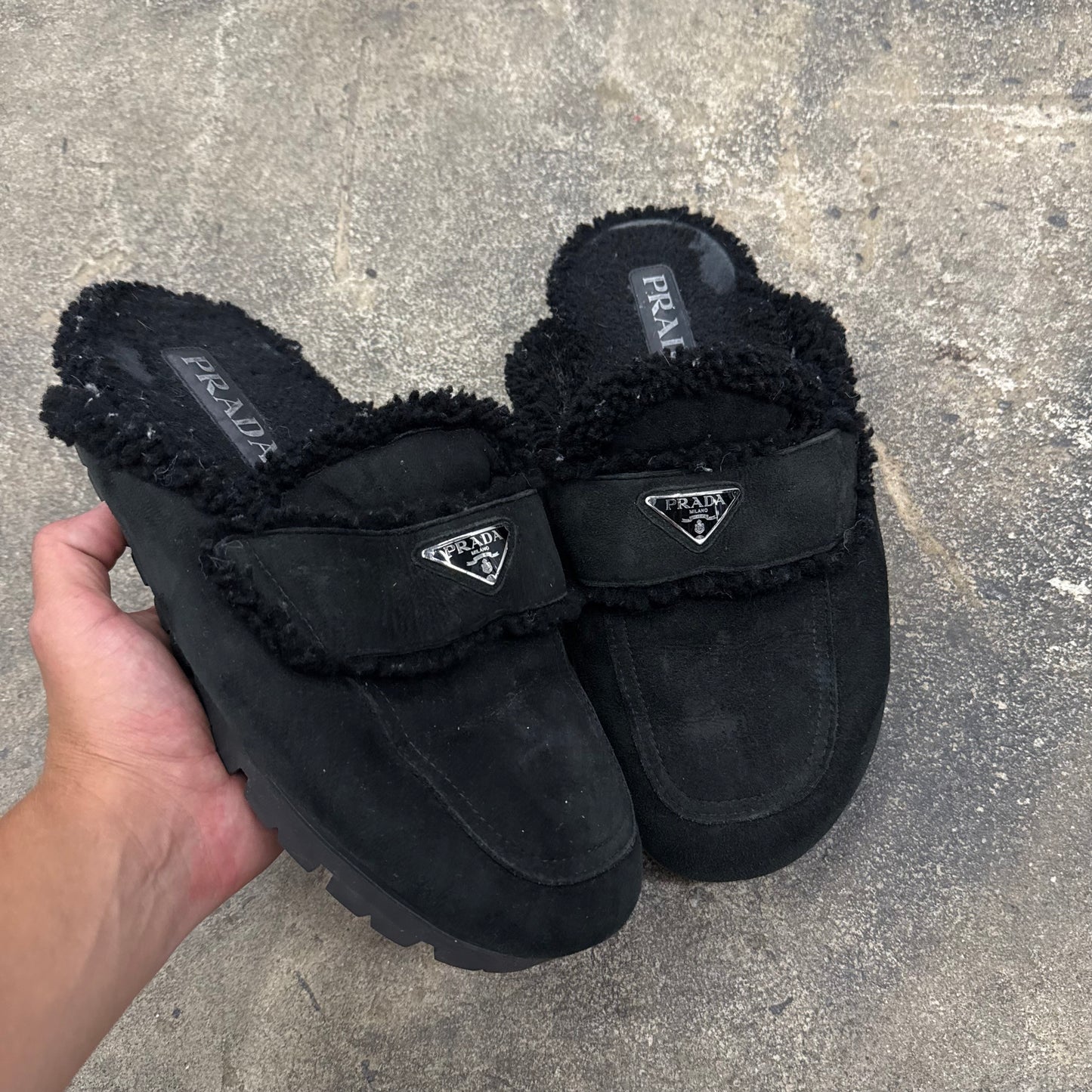 Prada Shearling Logo Slippers
