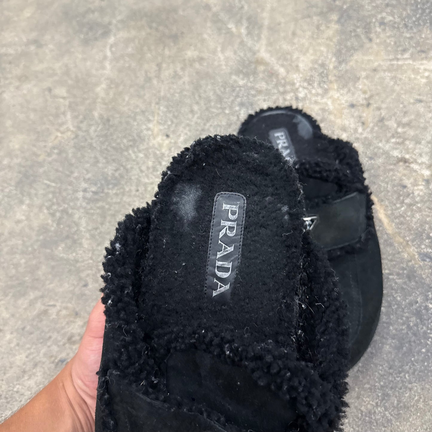 Prada Shearling Logo Slippers